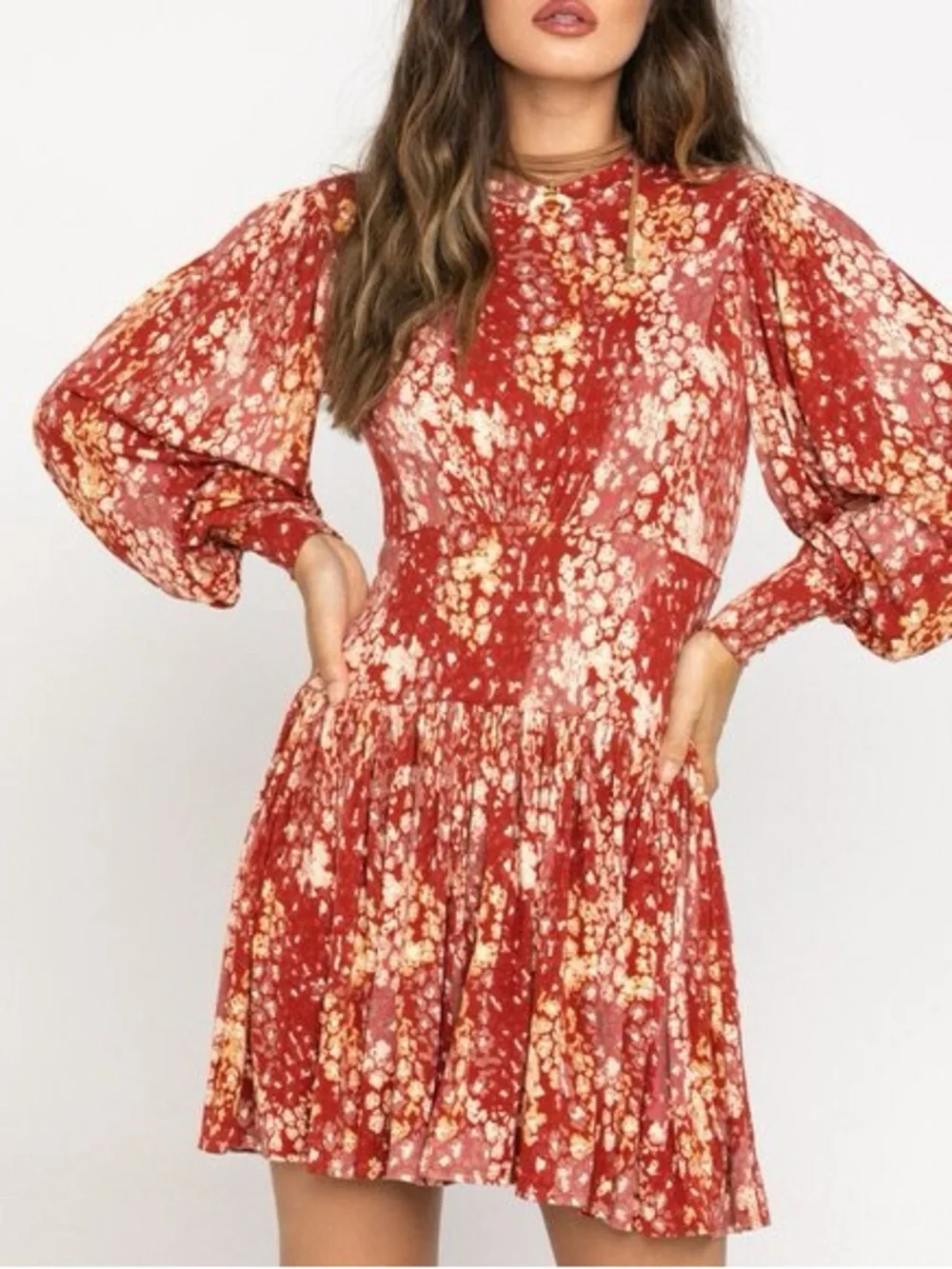 Free People Heartbeats Mini Rust Floral Long-Sleeve Mini Dress Size L NWT - Picture 3 of 10